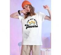 Shein Stretchable Fabric] Women's Floral Print Graphic T-Shirt, 100% Cotton Knit Fabric, Casual Crew Neck Short Sleeve Top with "I Can Buy Myself Flowers" A