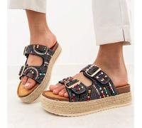 Shein STYLEE SHOES Sandalias Mule de Mujer con Plataforma de Yute y Pedrería Étnica. Diseño artesanal con doble tira ajustable y detalles de cuentas multico