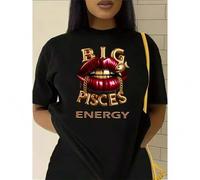 Shein Stylish Pisces Energy Lip Graphic Tee for Women - Casual Black Cotton Crew Neck Short Sleeve T-Shirt with Bold Red Lips & Golden Lettering, Perfect fo