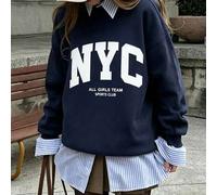 Shein Sudadera azul marino para mujer con estampado de letra grande NYC, cuello redondo, estilo retro campus con eslogan ALL GIRLS TEAM, holgada, hombros ca