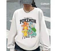 Shein Sudadera blanca de algodón con hombros caídos para mujer, con estampado de Pokémon, cuello redondo, holgada, talla grande, para primavera y otoño.