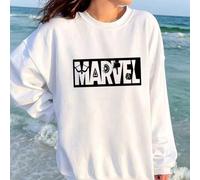 Shein Sudadera blanca de algodón con hombros caídos para mujer, marca compartida de Marvel, con estampado del logotipo de Marvel Heroes, cuello redondo, hol