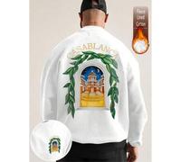Shein Sudadera blanca de hombre con hombros caídos, parte superior de algodón, estampado de castillo iluminado por la luna, sudadera holgada de cuello redon