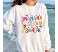 Shein Sudadera blanca de mujer con hombros caídos, top de algodón, <<MAÑANA SERÁ BONITO», sudadera blanca de algodón puro con capucha y temática española, s