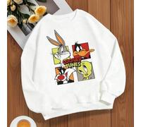 Shein Sudadera blanca versátil de cuello redondo para mujer. Personajes clásicos como Bugs Bunny y el Pato Lucas están estampados en cuatro paneles, y las l