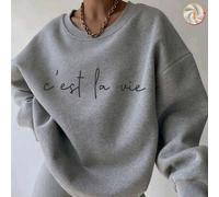 Shein Sudadera cálida de cuello redondo para mujer, top de algodón para mujer, sudadera oversize con curvas y estampado de texto "C'est la vie", forro polar