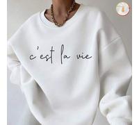Shein Sudadera cálida de cuello redondo para mujer, top de algodón para mujer, sudadera oversize con curvas y estampado de texto "C'est la vie", forro polar