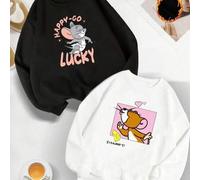 Shein Sudadera casual de cuello redondo en blanco y negro para hombre y mujer. La sudadera negra tiene un estampado circular de Bob Esponja y la blanca un e