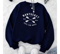 Shein Sudadera casual de cuello redondo para mujer con estampado de "Nantucket EST 1671 Cape Cod Mass" y diseño de remo azul