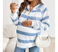 Shein Sudadera casual de manga larga con capucha con cordón, botones y media cartera, a rayas, para maternidad