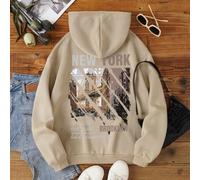 Shein Sudadera con capucha acolchada con cordón, con gráfico de edificio y eslogan "DE NUEVA YORK A SEGUIR TUS SUEÑOS BROOKLYN, Tierra de los libres porque