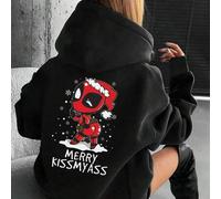 Shein Sudadera con capucha ajustada y cálida con bolsillos y cordón, forro polar grueso, estampado navideño de Marvel Deadpool, corte relajado, hombros caíd