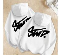 Shein Sudadera con capucha blanca para mujer, conjunto de 2 piezas Tejido de mezcla de algodón Presenta un estampado del logotipo 'STWD' escrito a mano Forr