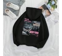 Shein Sudadera con capucha con cordón acolchada térmicamente con gráfico de automóvil y letra "Gran cariño que tengo por Nueva York, la ciudad que nunca due