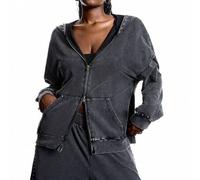 Shein Sudadera con capucha con cremallera frontal, diseño de ojetes de metal, unicolor, hombros caídos, adecuada para volver al colegio, viajes, otoño/invie