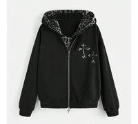 Shein Sudadera con capucha con cremallera y parche de estampado de cruz y leopardo, talla grande, para mujeres, graduación, maestros, vuelta al colegio