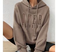 Shein Sudadera con capucha de ajuste holgado de manga larga con eslogan "Mujeres que piensan demasiado", tops de manga larga para graduación, regreso a la e