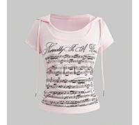 Shein Sudadera con capucha de manga corta 2 en 1 con estampado de notas musicales, estilo retro Y2K Millennium Babe