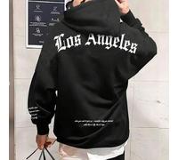 Shein Sudadera con capucha de manga larga con gráfico de eslogan y hombros caídos, de corte holgado, color negro con letras Los Ángeles, para regalos a amig