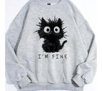 Shein Sudadera con capucha de manga larga de cuello redondo holgada con estampado gráfico de gato "ESTOY BIEN", de uso casual para otoño/invierno