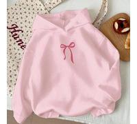 Shein Sudadera con capucha de manga larga gruesa y suave con diseño de mini lazo en color rosa crema y rosa polvoriento, estilo minimalista y elegante para