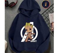 Shein Sudadera con capucha de Marvel para jóvenes y niños, con estampado de fondo del logotipo de los Vengadores y un pequeño hombre árbol, hombros caídos,