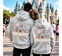 Shein Sudadera con capucha de pareja de dibujos animados de la familia Mickey en un colorido castillo de Disney, ropa casual de pareja para vacaciones, pren