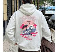 Shein Sudadera con capucha fina de otoño para hombre con estampado en la espalda de un círculo rosa con grulla, montaña, olas, texto TOKYO y JAPAN estilo Y2