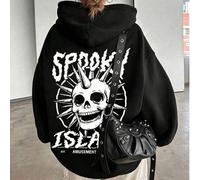 Shein Sudadera con capucha fina para mujer de talla grande con estampado de calavera de la isla del terror, estampado de Halloween, moda casual con capucha