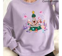 Shein Sudadera con capucha navideña de Bob Esponja para mujer, informal, con estampado y forro polar, hombros caídos. La parte delantera presenta un dibujo