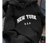 Shein Sudadera con capucha negra de talla grande para mujer con diseño gráfico de texto "NEW YORK U.S.A" y cordón