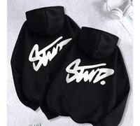 Shein Sudadera con capucha negra para mujer, conjunto de 2 piezas Tejido de mezcla de algodón Presenta un estampado del logotipo 'STWD' escrito a mano Forro