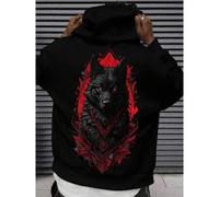 Shein Sudadera con capucha para hombres "Manada de lobos negros" - Cálida y adecuada para otoño e invierno, con cabeza de lobo roja y un patrón de greca gri