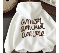 Shein Sudadera con capucha para mujer, top de algodón para otoño e invierno, estampado de leopardo con eslogan "Amor Amour Amore", sudadera con hombros caíd