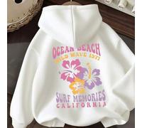 Shein Sudadera con capucha para mujer, top de algodón para otoño e invierno, estilo retro de playa oceánica, estampado de patrón californiano con memoria de