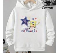 Shein Sudadera con capucha para niño, de manga larga, hombros caídos, corte holgado, color blanco liso. Presenta un estampado de estrellas de Bob Esponja. S