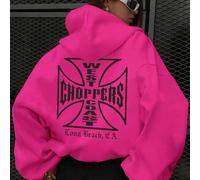 Shein Sudadera con capucha rosa oversize para mujer con diseño geométrico de marco en forma de cruz "Choppers" en negrita, hombros caídos, sudadera oversize