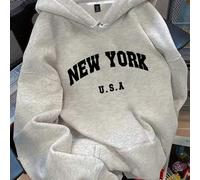 Shein Sudadera con capucha y cordón de mujer talla grande con gráfico de texto "NEW YORK U.S.A" para graduación, regreso a la escuela, maestros, otoño e inv