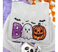 Shein Sudadera con cuello redondo Boo Svg, Sudadera de Halloween con brillo, Sudadera de Halloween arcoíris, Sudadera de Halloween divertida, Sudadera de Ha