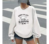 Shein Sudadera con estampado de gato "Sorry I'm Late". La sudadera holgada de mujer con cuello redondo presenta un diseño sencillo y elegante. Tiene un est