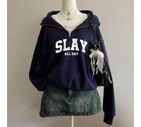 Shein Sudadera con media cremallera de estilo vintage con estampado de letras "SLAY ALL DAY" para adolescentes, cómoda y holgada para otoño e invierno