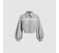 Shein Sudadera corta con cuello de solapa y manga larga, con parches de encaje para mujer, ideal para volver al colegio, ropa escolar, sudadera gris, sudade