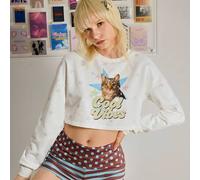 Shein Sudadera corta con cuello redondo con estampado de gato y estrella "Good Vibes" desgastada, estilo Y2K para mujer, casual para fiestas de otoño/invier