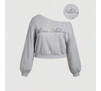 Shein Sudadera corta de mujer talla grande con cuello vuelto, manga larga, parches de encaje, ideal para volver al colegio, ropa escolar, sudadera gris, sud