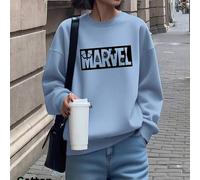 Shein Sudadera de algodón azul vaquero con hombros caídos para mujer, con estampado del logotipo de Marvel Heroes, cuello redondo, holgada, talla grande, pa