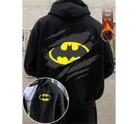 Shein Sudadera de algodón con gráfico de Batman para hombres, sudadera con capucha de corte holgado y caída de hombros en color negro, tela gruesa y cálida