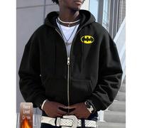 Shein Sudadera de algodón con gráfico de Batman para hombres, sudadera con capucha de corte holgado y caída de hombros en color negro, tela gruesa y cálida