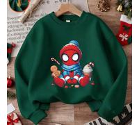 Shein Sudadera de algodón con hombros caídos para niño, top con estampado navideño de Spider-Man, sudadera informal holgada, sudadera de cuello redondo cáli