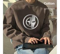 Shein Sudadera de algodón para hombre, hombros caídos, estampado de elementos de Marvel Heroes, cuello redondo, holgada, talla grande, marrón, para primaver