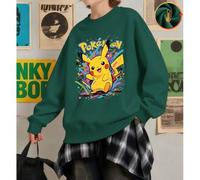 Shein Sudadera de algodón verde oscuro con hombros caídos para niño, top con bonito estampado de Pikachu, sudadera holgada informal, sudadera de cuello redo